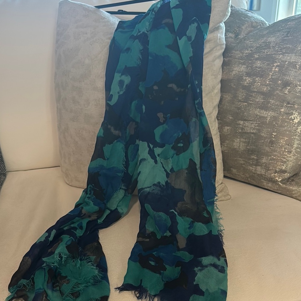 Teal, blue & navy patterned scarf.